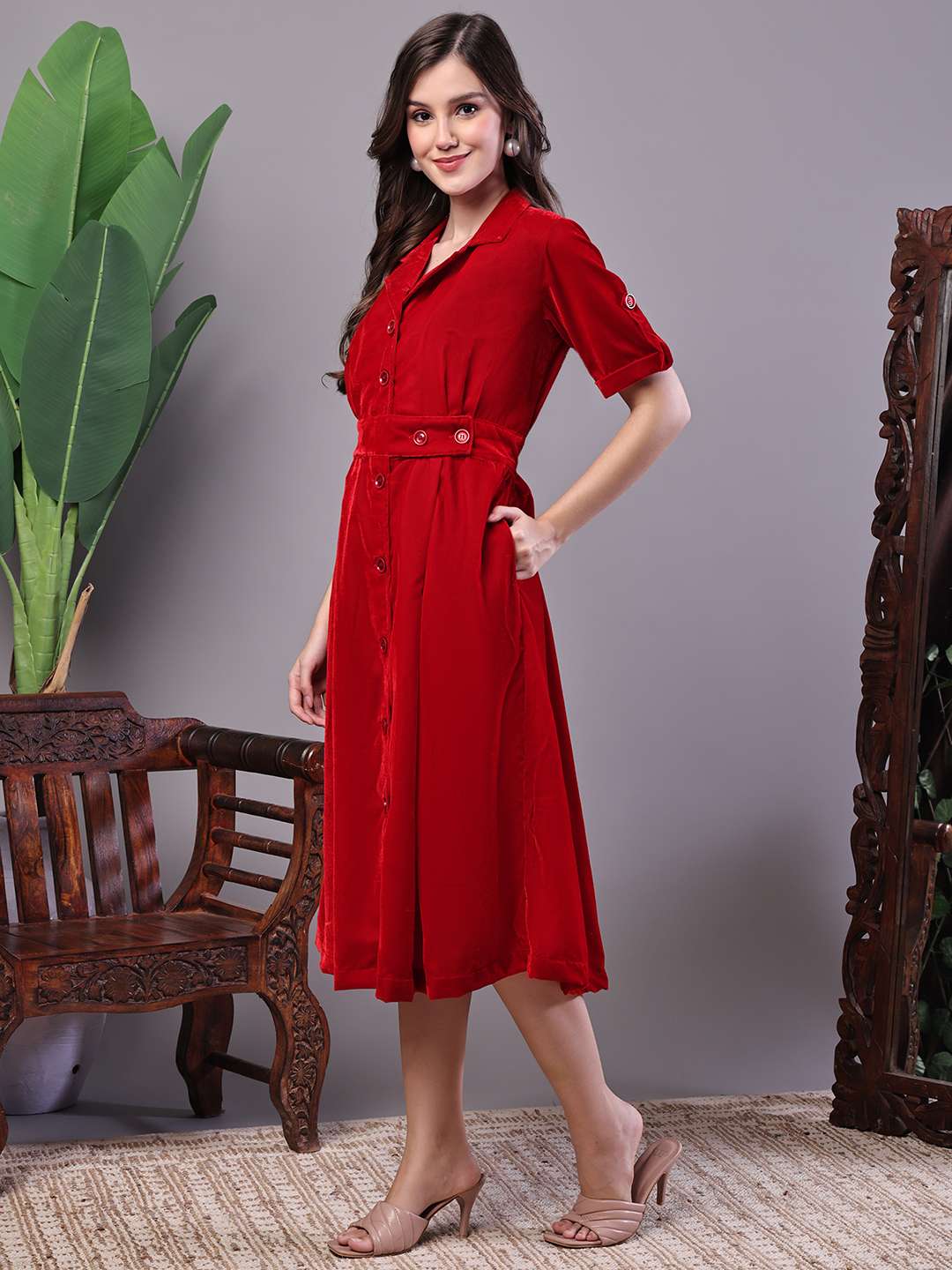 Women's Red Velvet Solid Printed Shirt Midi Dress with Belt